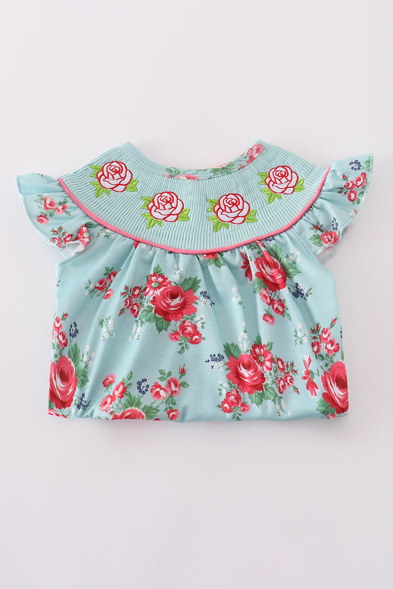 Rosebud bliss print smocked girl bubble - Giggles with Grace