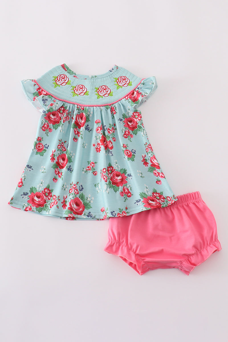 Rosebud bliss print smocked girl bloomer set - Giggles with Grace