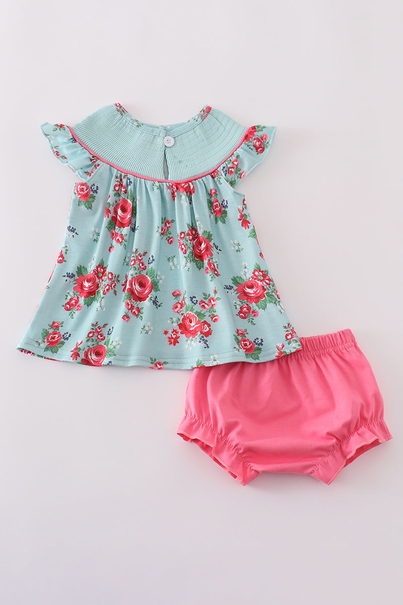 Rosebud bliss print smocked girl bloomer set - Giggles with Grace