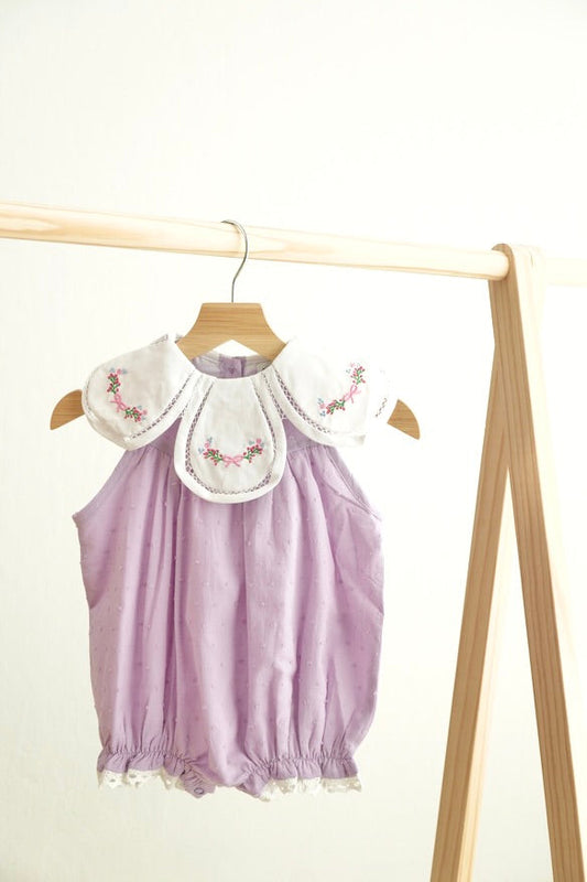 Lavender floral bow embroidery swiss dot girl bubble - Giggles with Grace