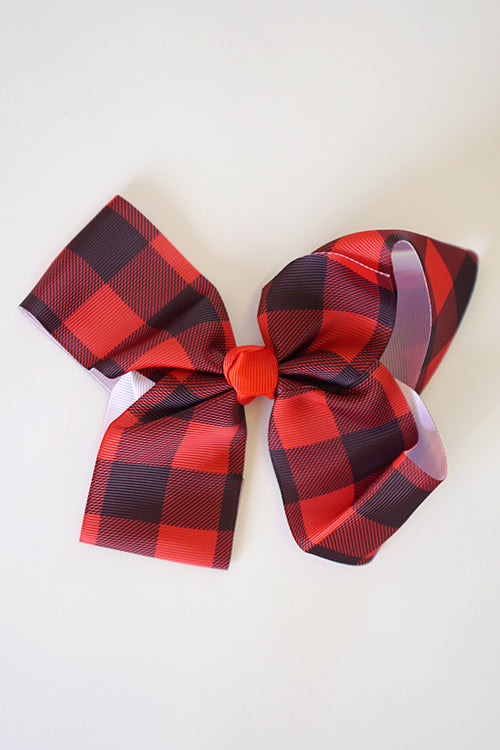 Red black gingham hair bow 8 inch alligator clip - Giggles with Grace