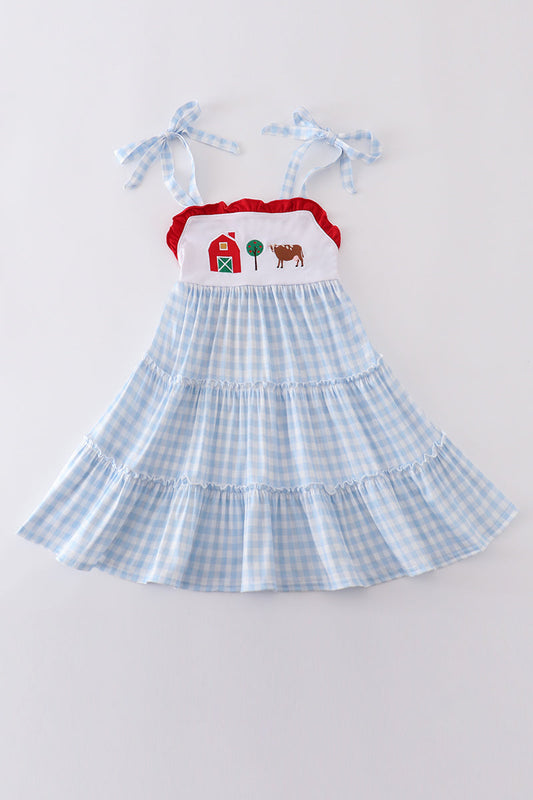 Blue farm embroidery tiered dress - Giggles with Grace