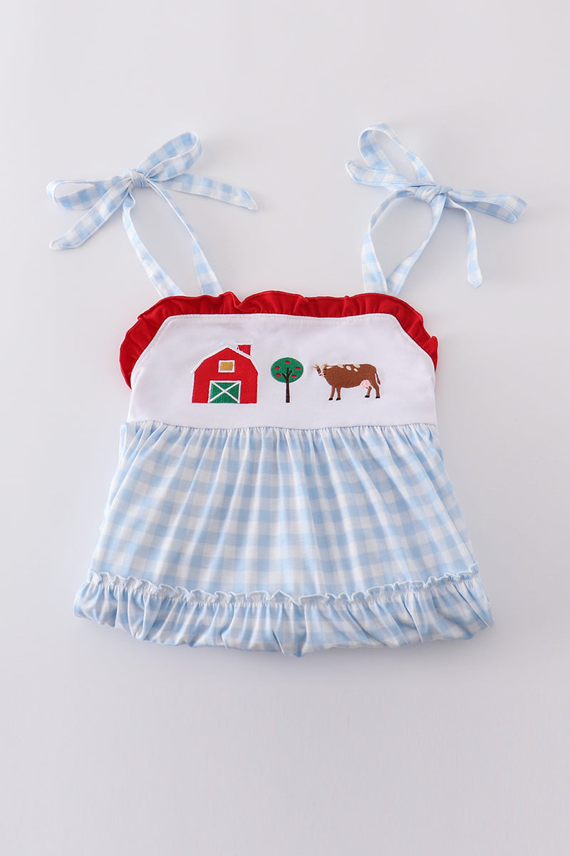 Blue farm embroidery tiered dress - Giggles with Grace