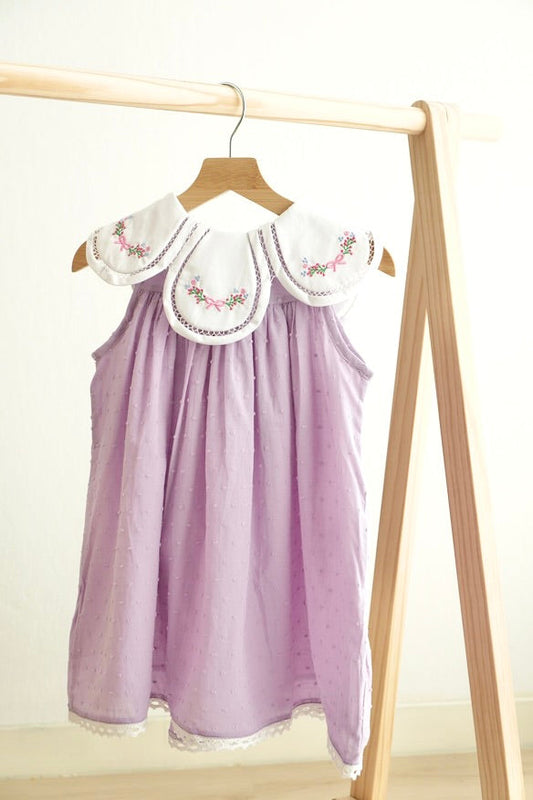 Lavender floral bow embroidery swiss dot girl dress - Giggles with Grace