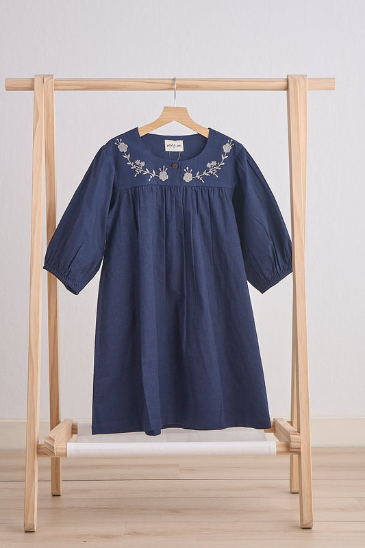 Navy floral embroidery linen girl dress - Giggles with Grace