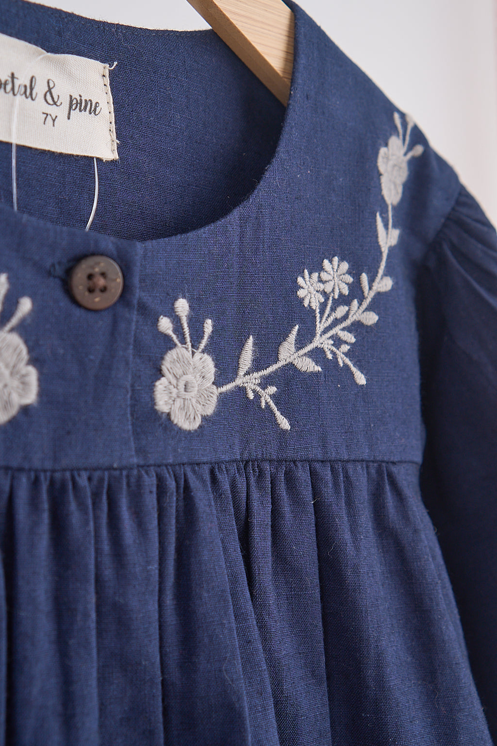Navy floral embroidery linen girl dress - Giggles with Grace