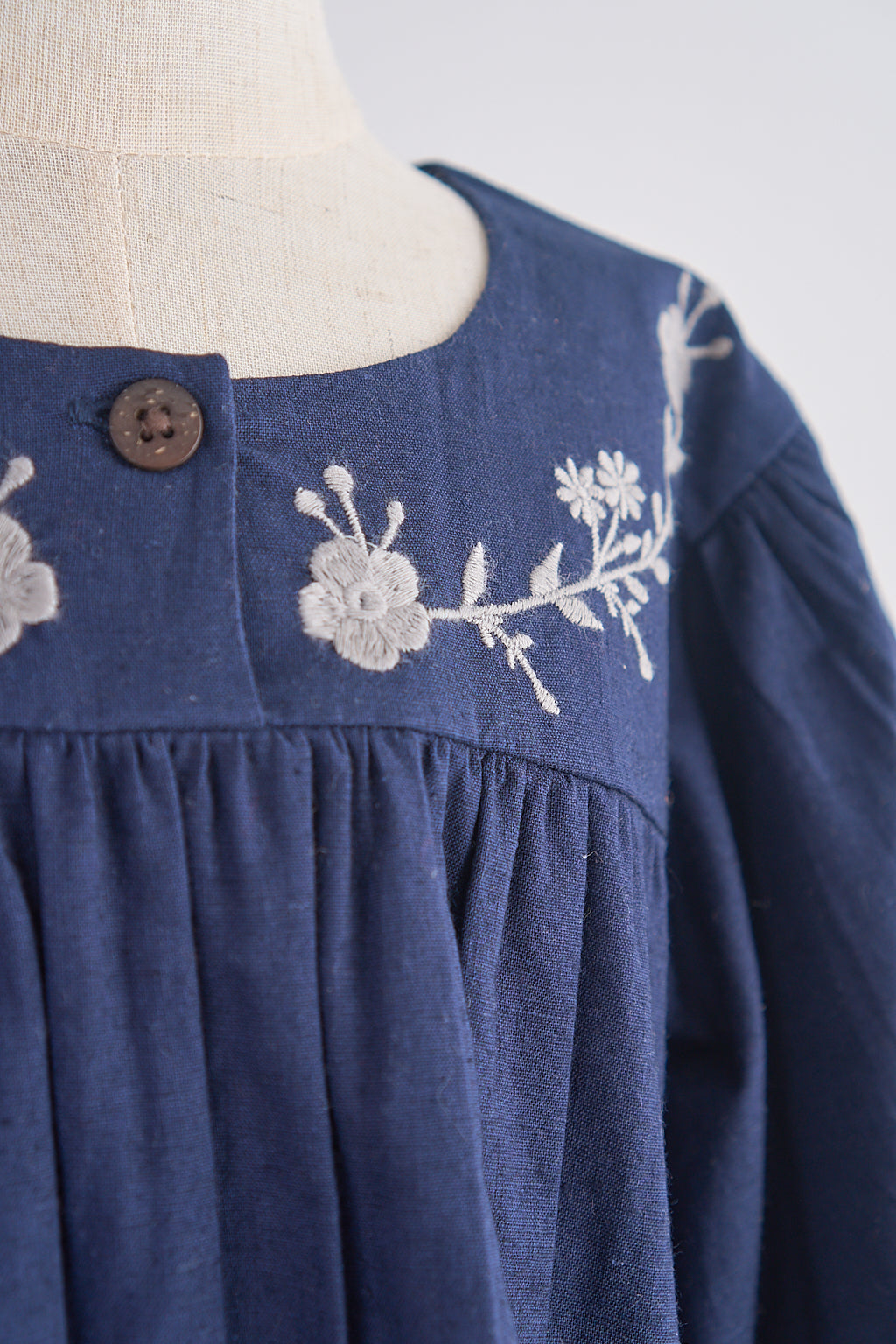 Navy floral embroidery linen girl dress - Giggles with Grace