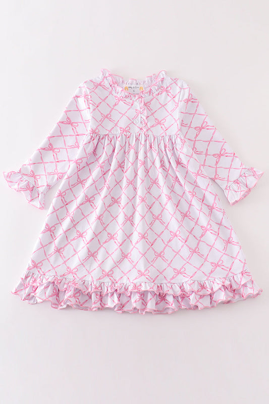 Premium Pink bow tie print ruffle pajamas dress - Giggles with Grace