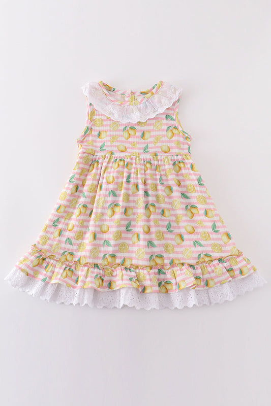 Premium Pink muslin stripe lemon ruffle dress - Giggles with Grace