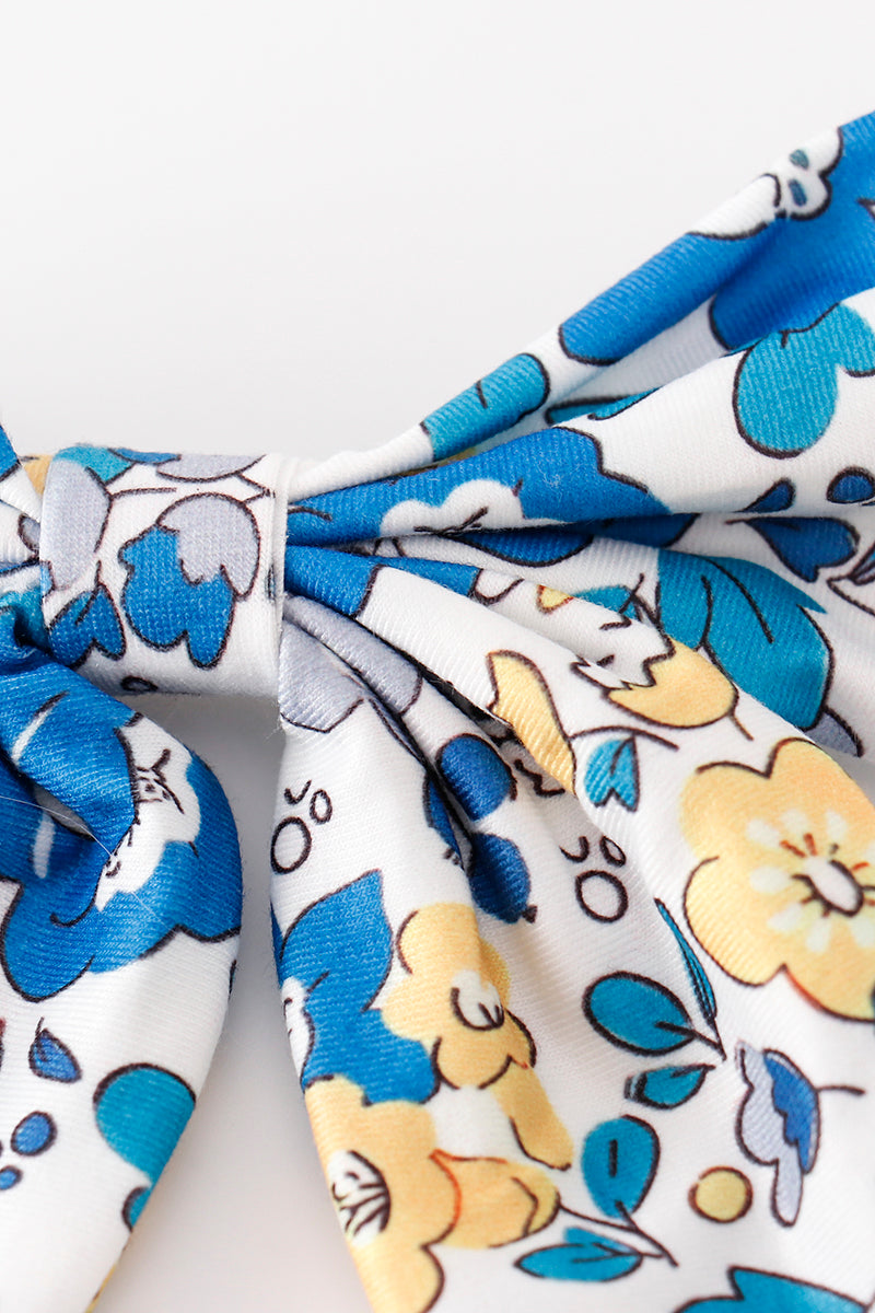 Blue floral print hair sailor bow - Giggles with Grace