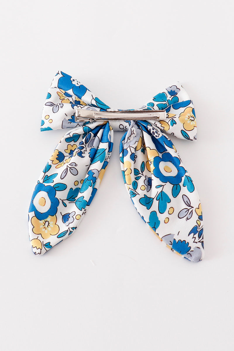 Blue floral print hair sailor bow - Giggles with Grace