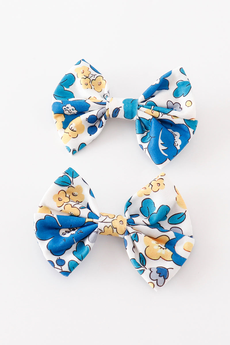 Blue floral print piggie hair bow - Giggles with Grace