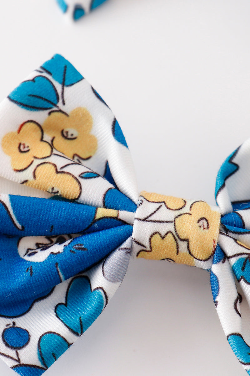 Blue floral print piggie hair bow - Giggles with Grace