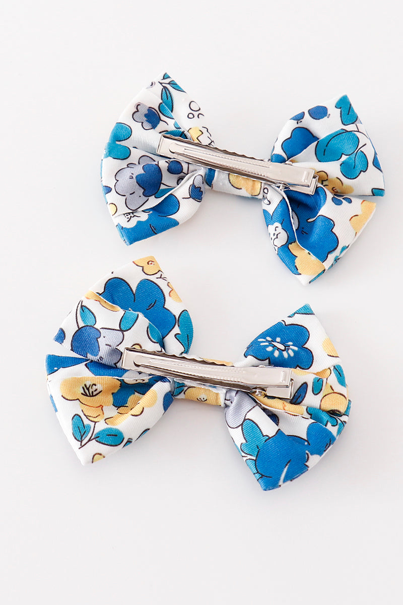 Blue floral print piggie hair bow - Giggles with Grace