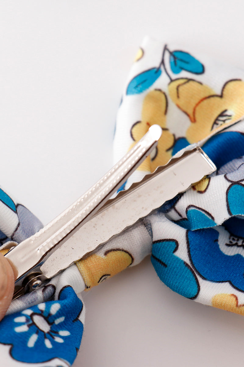 Blue floral print piggie hair bow - Giggles with Grace