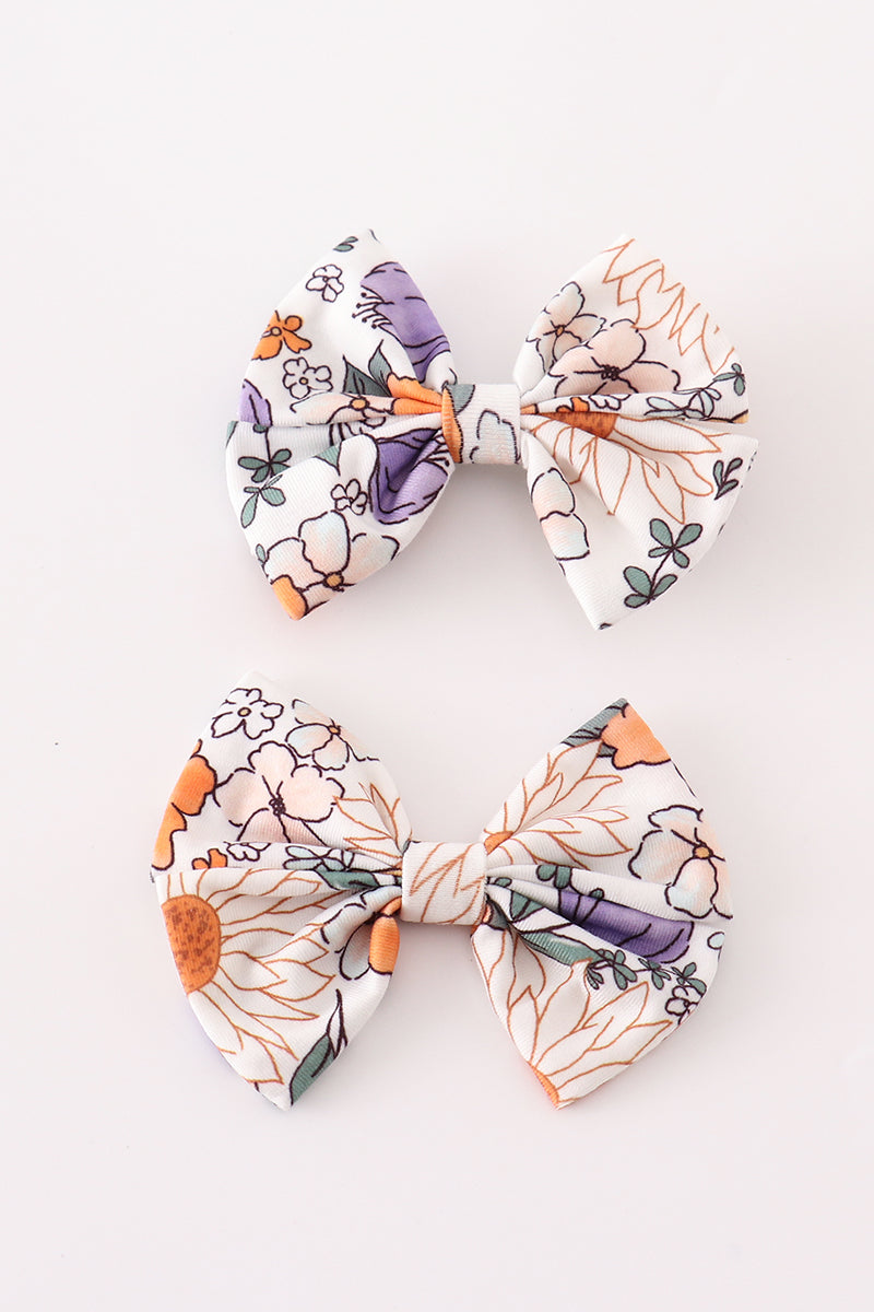 Coral floral print 2pcs piggie hair bow - Giggles with Grace