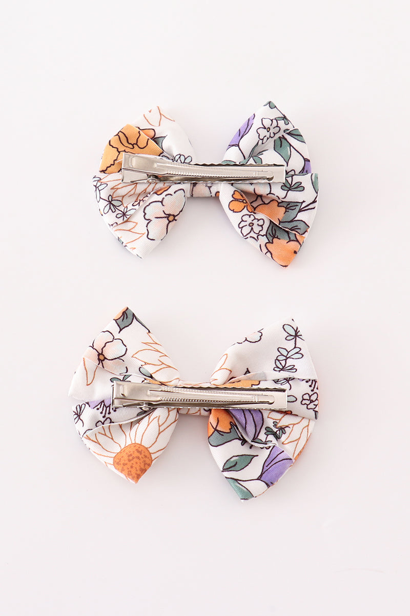 Coral floral print 2pcs piggie hair bow - Giggles with Grace