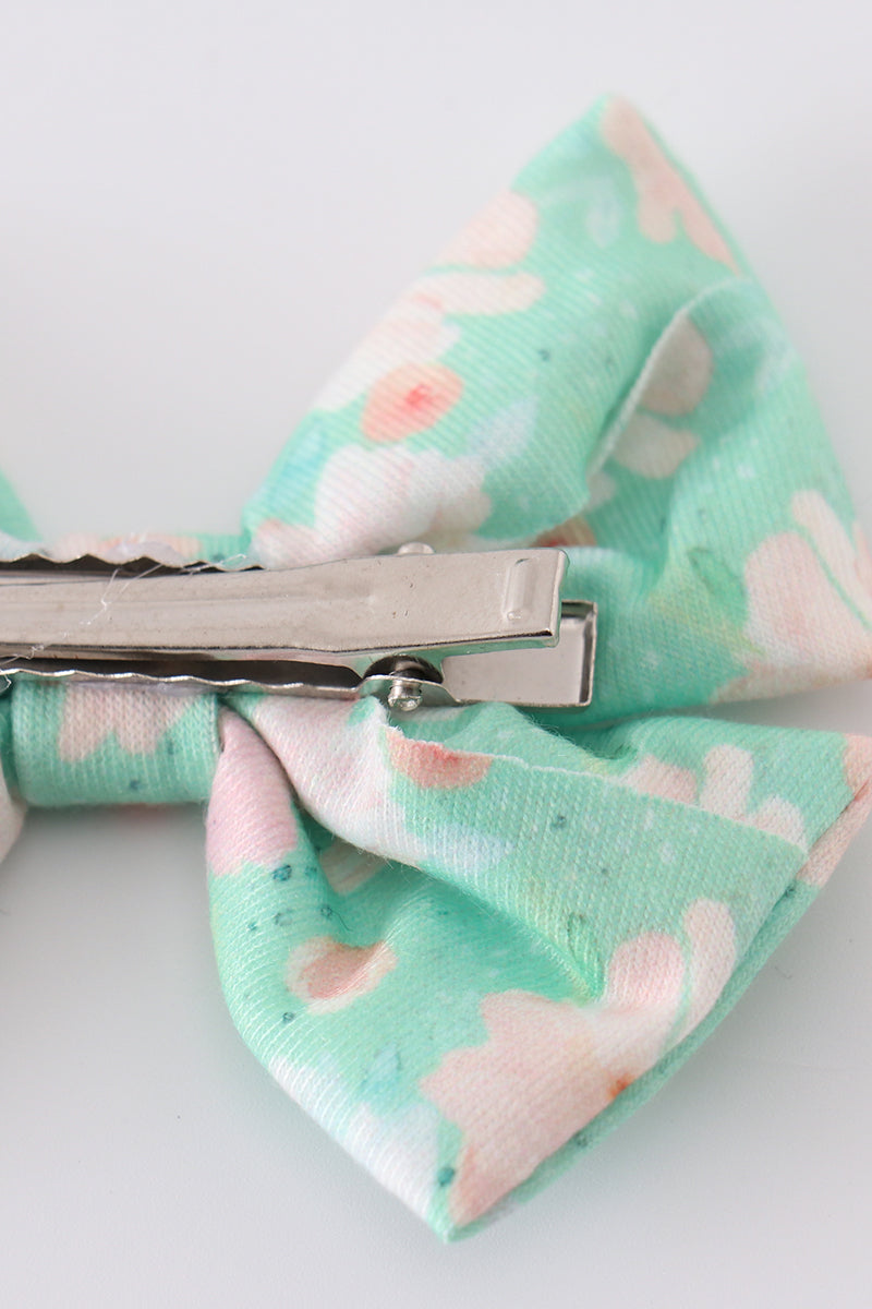 Green floral print girl piggie hair bow - Giggles with Grace