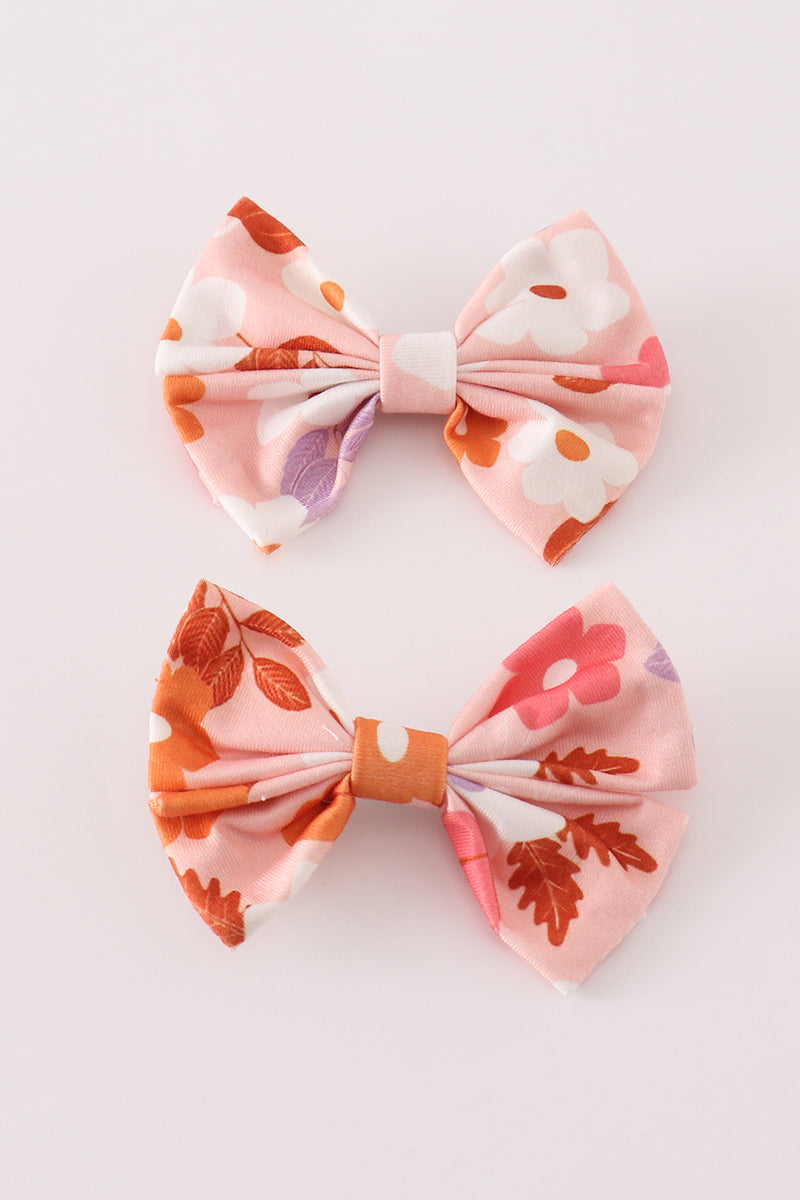 Pumpkin floral print 2pc hair bow - Giggles with Grace