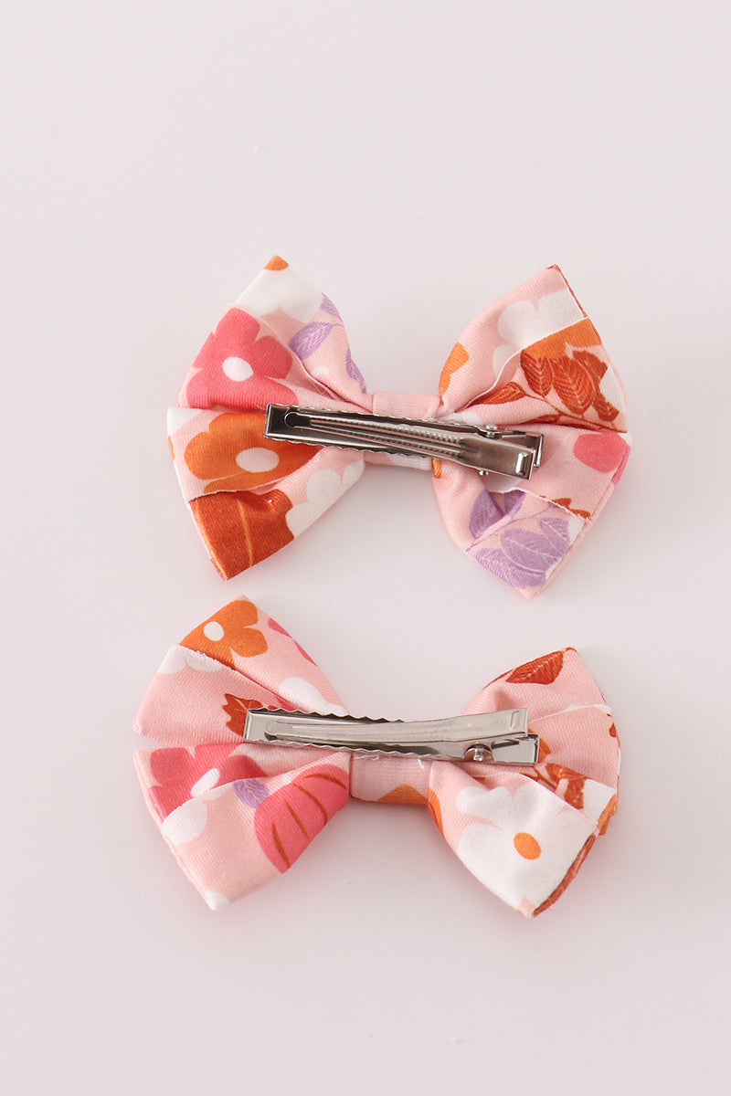 Pumpkin floral print 2pc hair bow - Giggles with Grace
