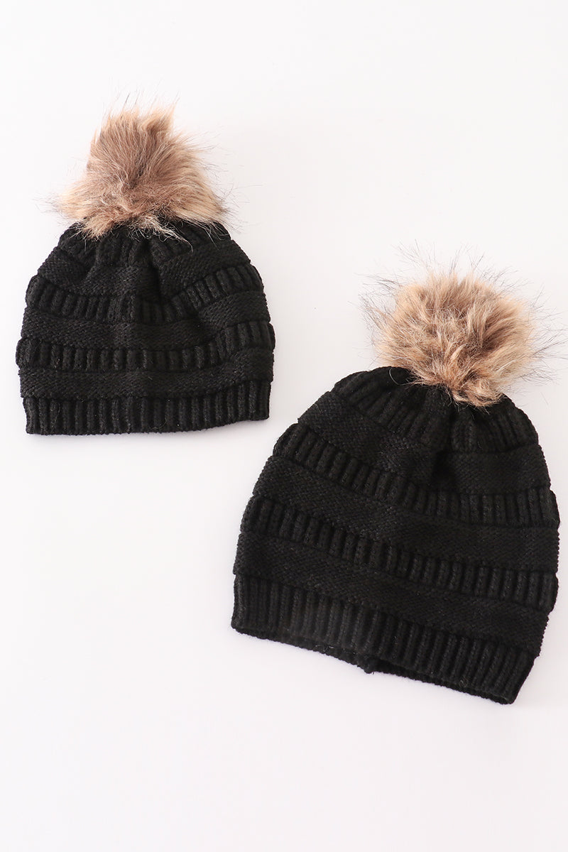 Black pompom cable beanie - Giggles with Grace