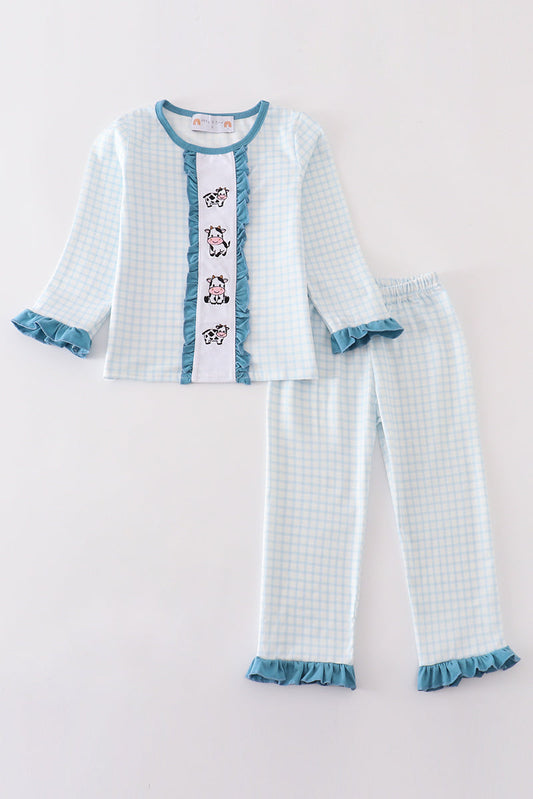 Blue gingham cow embroidery girl pajamas set - Giggles with Grace