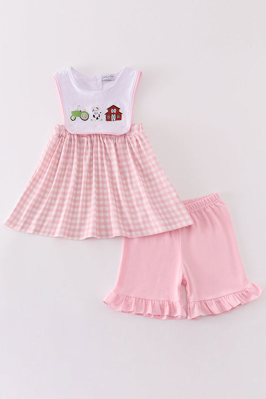 Pink farm embroidery girl set - Giggles with Grace