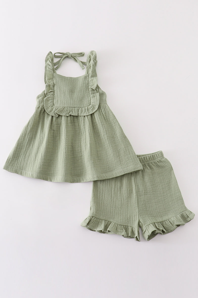 Premium Sage muslin ruffle shorts set - Giggles with Grace