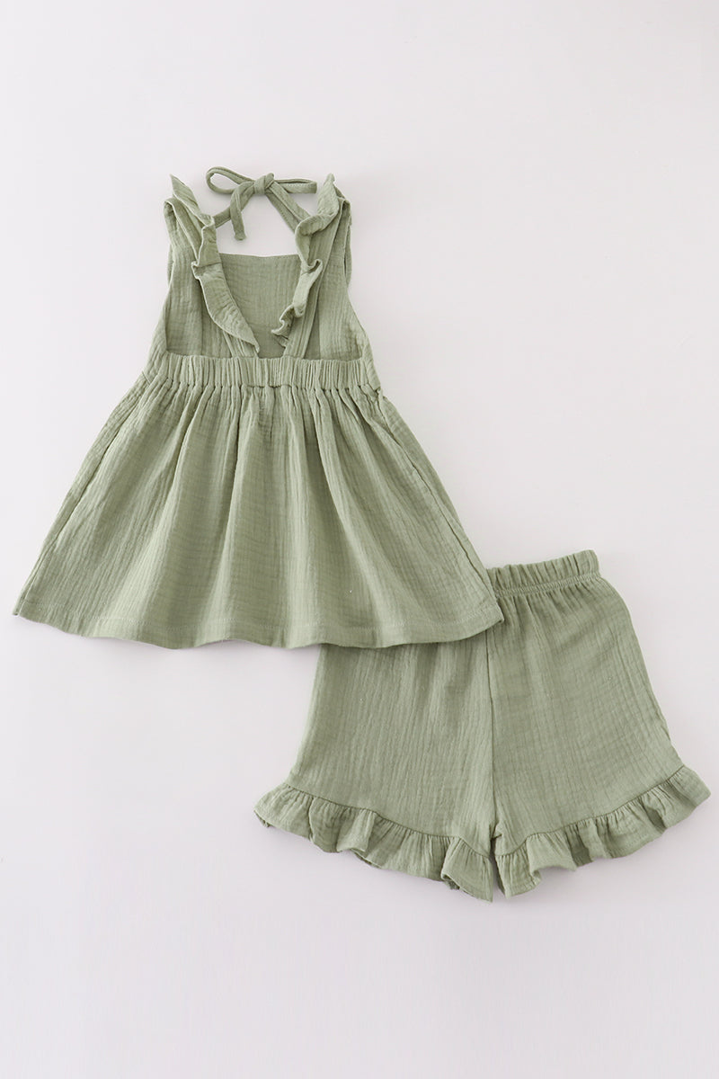 Premium Sage muslin ruffle shorts set - Giggles with Grace