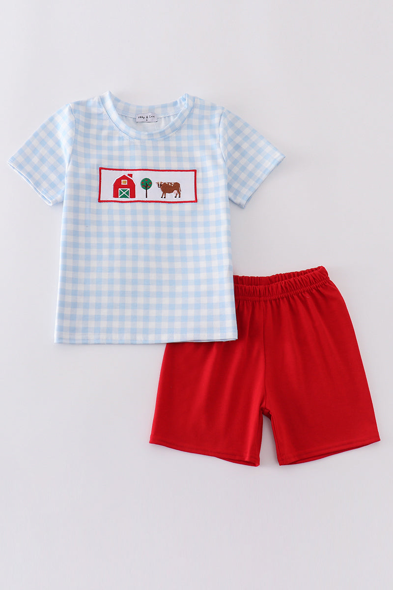 Blue farm embroidery gingham set - Giggles with Grace