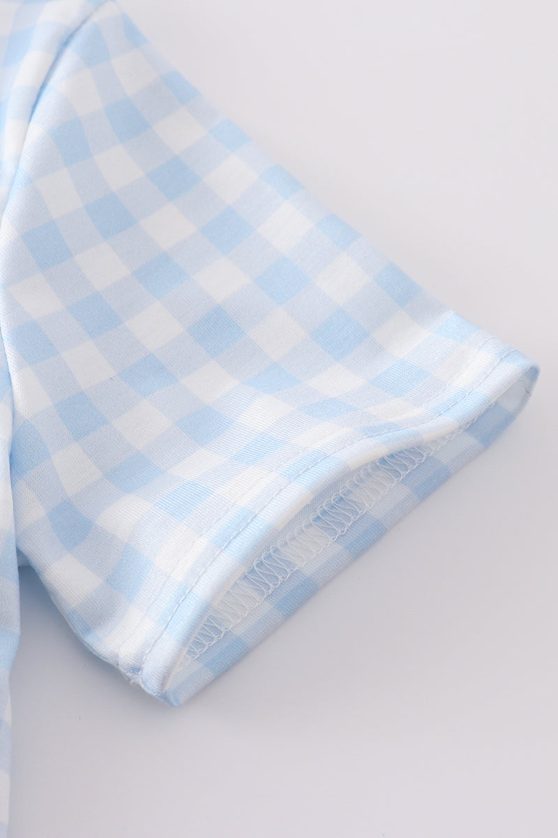 Blue farm embroidery gingham set - Giggles with Grace