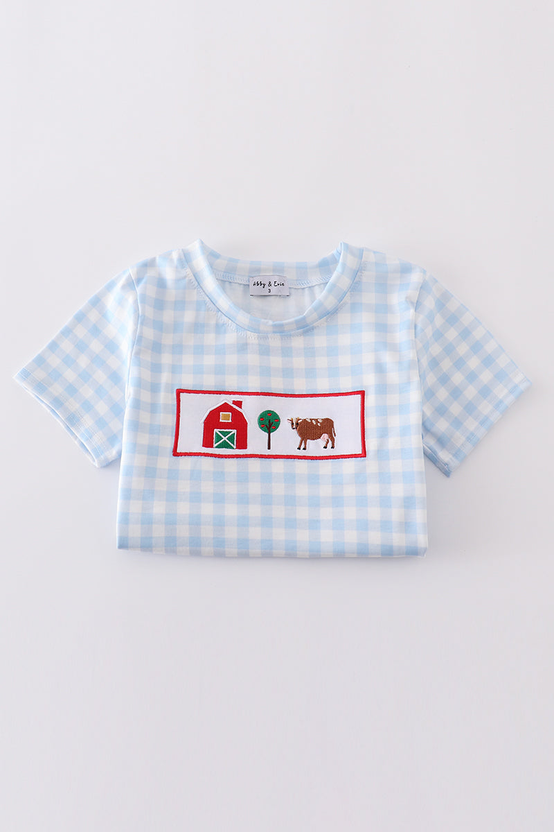 Blue farm embroidery gingham set - Giggles with Grace