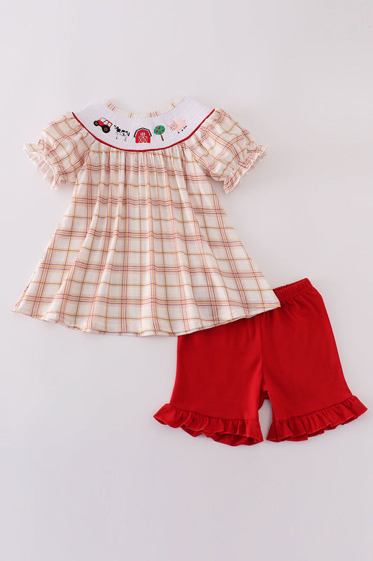 Khaki farm embroidery smocked plaid set - Giggles with Grace