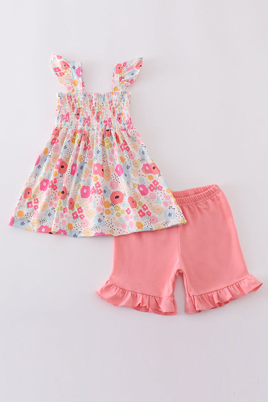 Pink floral print smocked set - Giggles with Grace