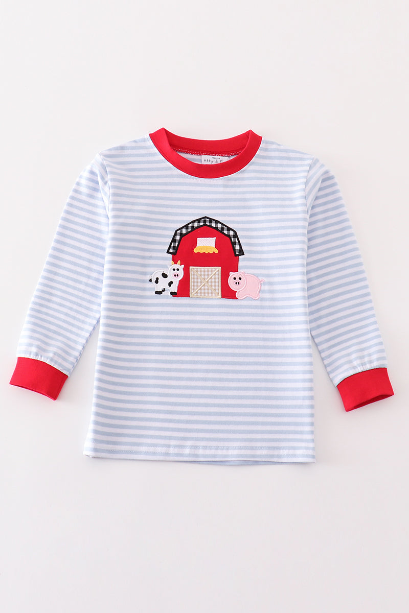 Premium red stripe farm applique boy top - Giggles with Grace