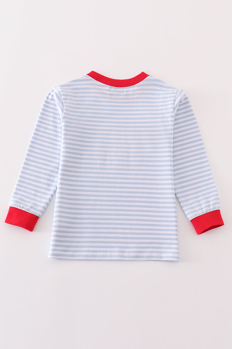 Premium red stripe farm applique boy top - Giggles with Grace