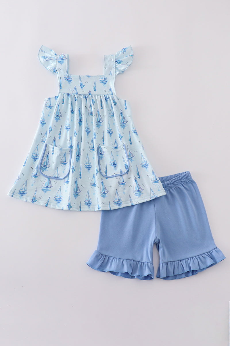 Blue sailboat print girl set - Giggles with Grace