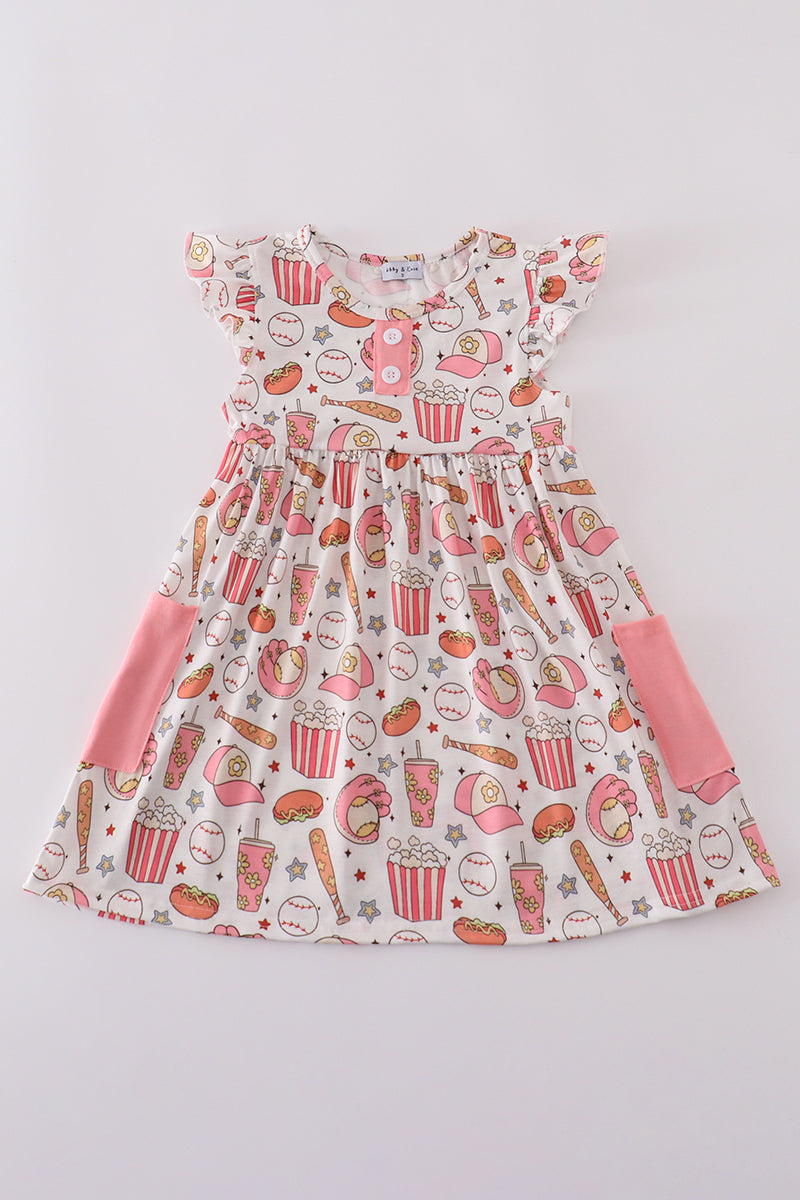 Pink baseball print girl dress - Giggles with Grace
