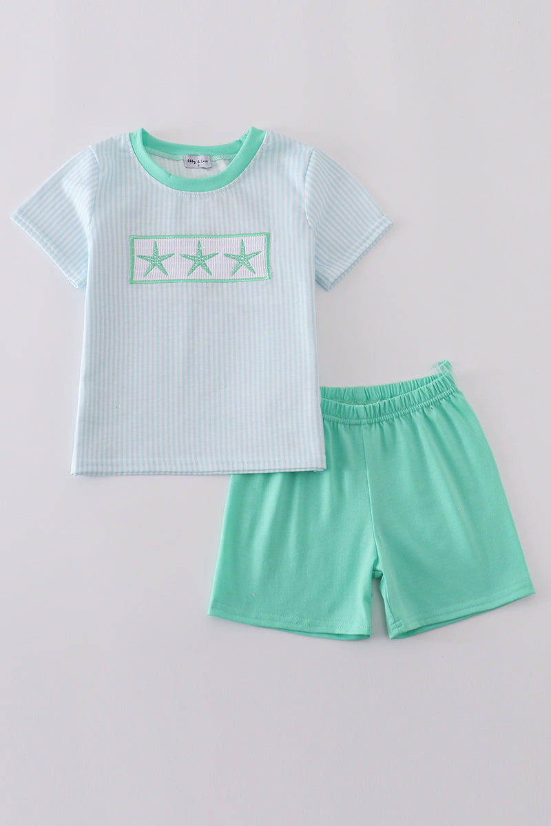Blue stripe starfish embroidery smocked boy set - Giggles with Grace