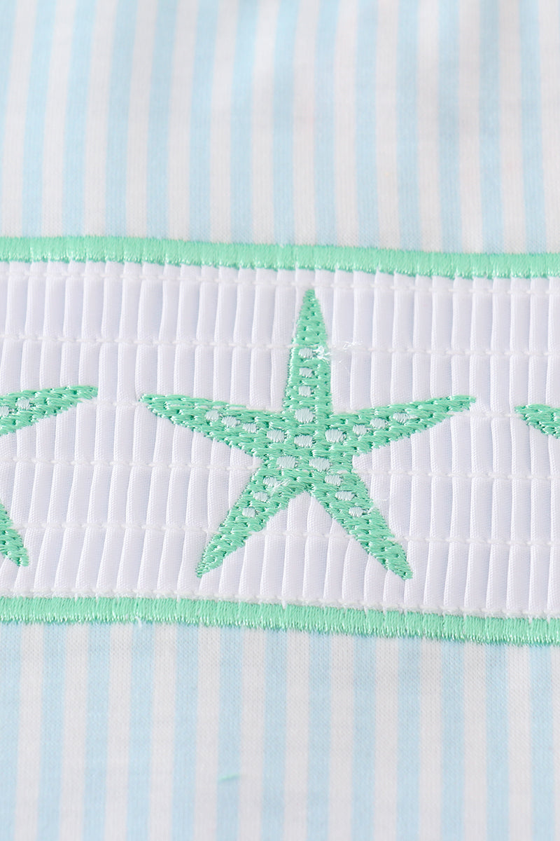 Blue stripe starfish embroidery smocked boy set - Giggles with Grace