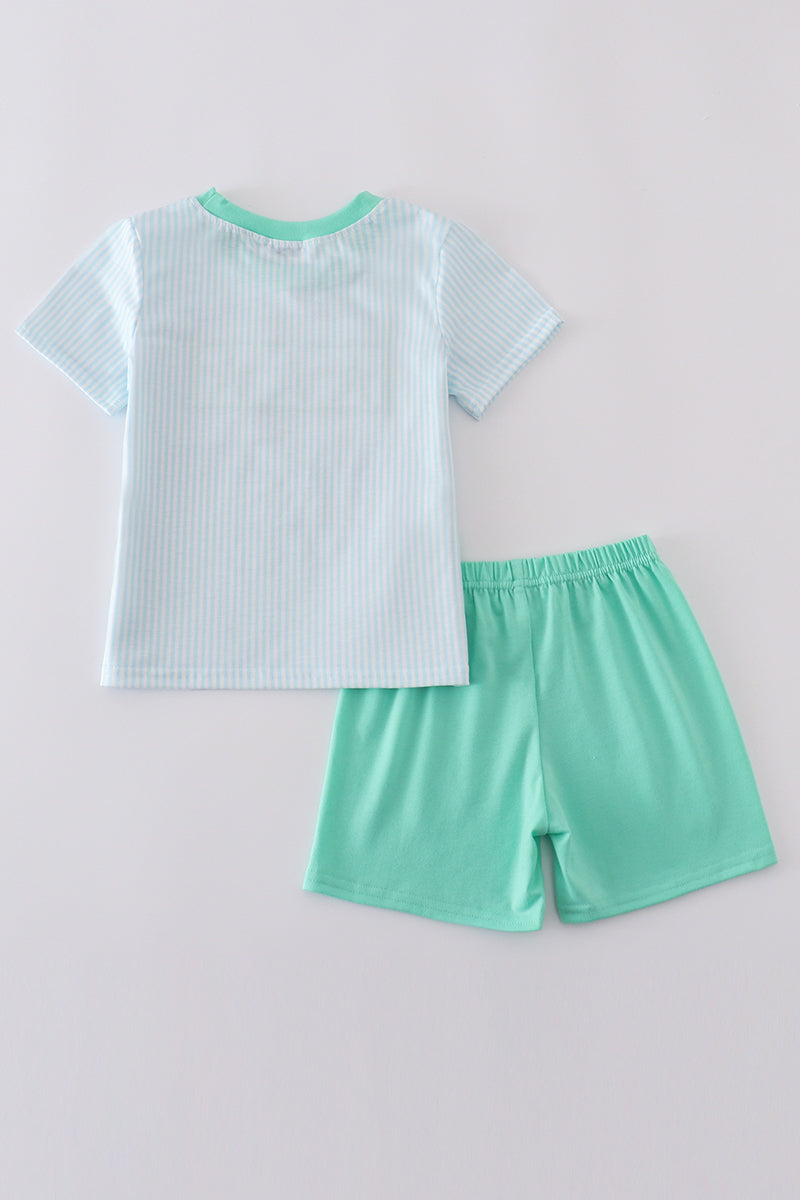 Blue stripe starfish embroidery smocked boy set - Giggles with Grace