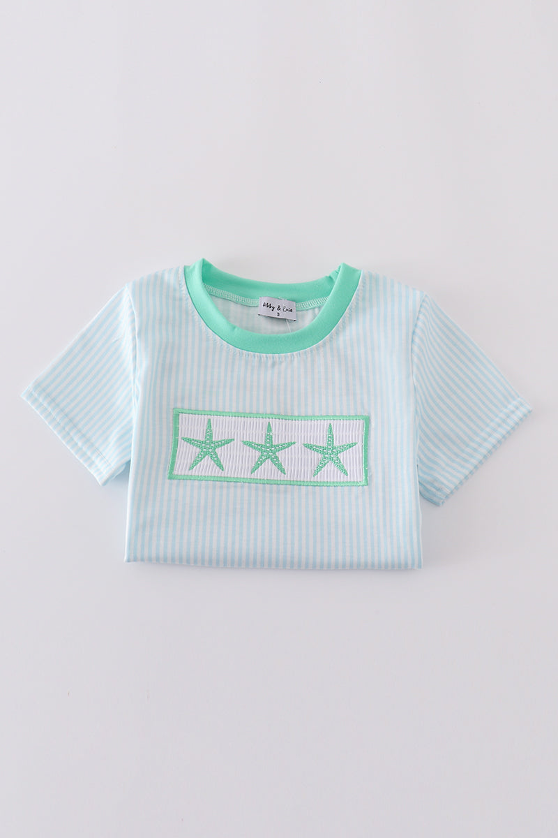Blue stripe starfish embroidery smocked boy set - Giggles with Grace