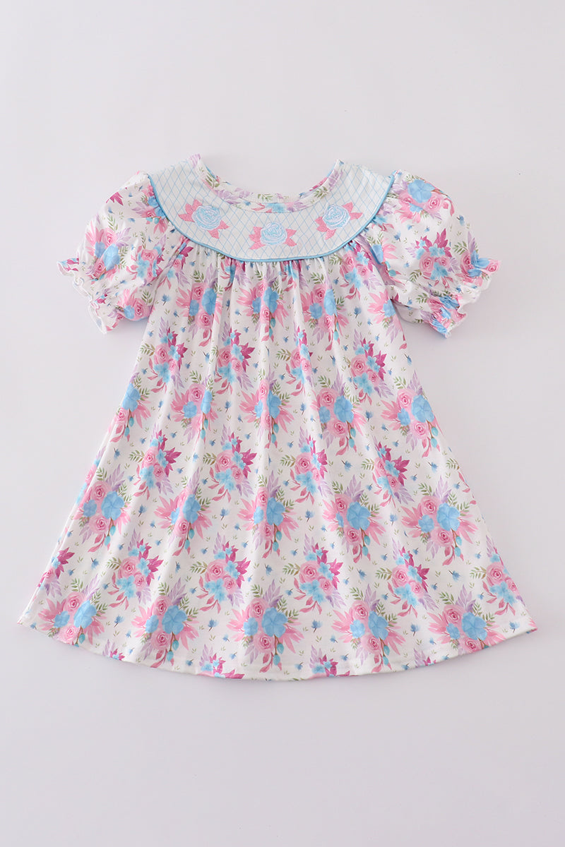 Blue petal meadow embroidery girl dress - Giggles with Grace
