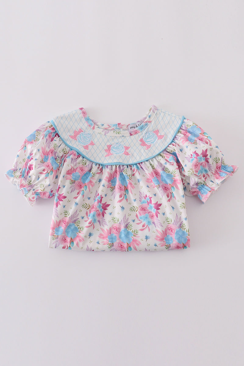 Blue petal meadow embroidery girl dress - Giggles with Grace