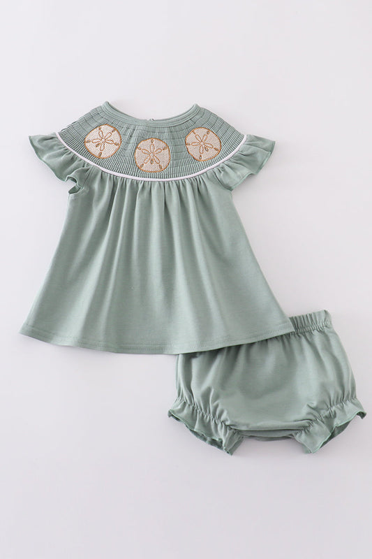 Sage sand dollar embroidery smocked girl bloomer set - Giggles with Grace