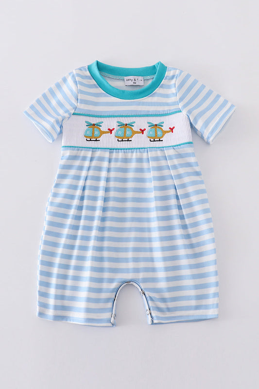 Blue stripe helicopter embroidery smocked boy romper - Giggles with Grace