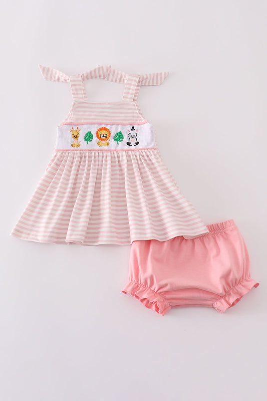 Pink stripe animal embroidery smocked bloomer set - Giggles with Grace