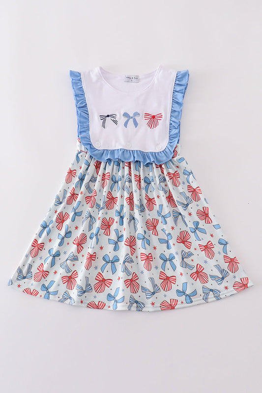 Bow trellis print embroidery ruffle dress