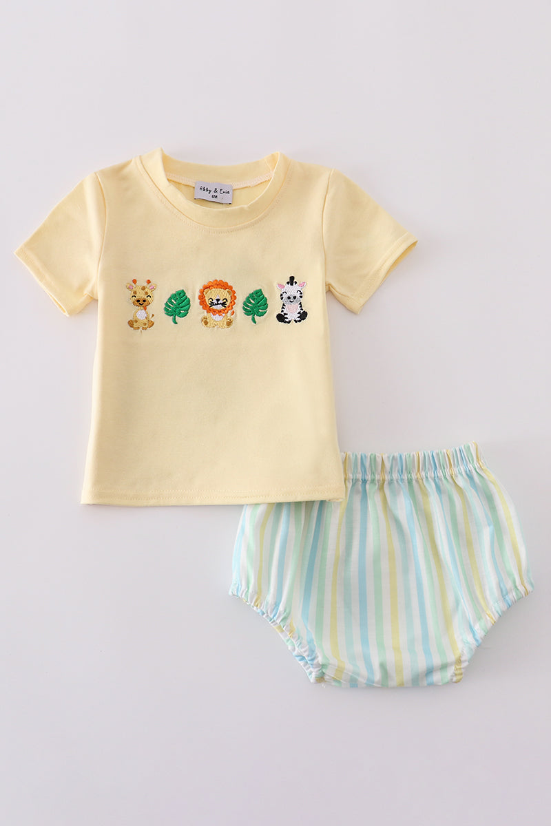 Yellow stripe animal embroidery smocked bloomer set - Giggles with Grace