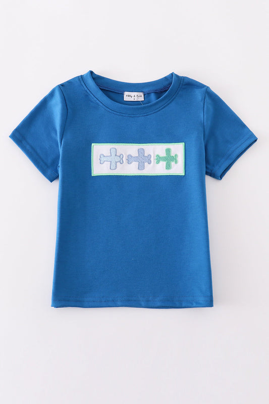 Blue airplane embroidery top - Giggles with Grace